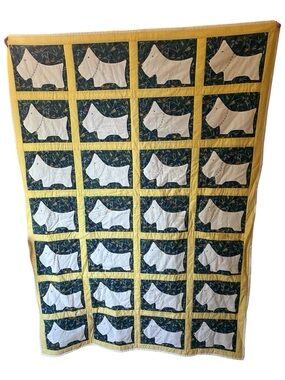 Handmade Quilt Scotty Dog Small Baby Child Blue Yellow Wall Hanging